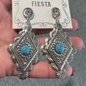 Fiesta Silvertone medallion dangle stud post earrings turquoise color oval stone